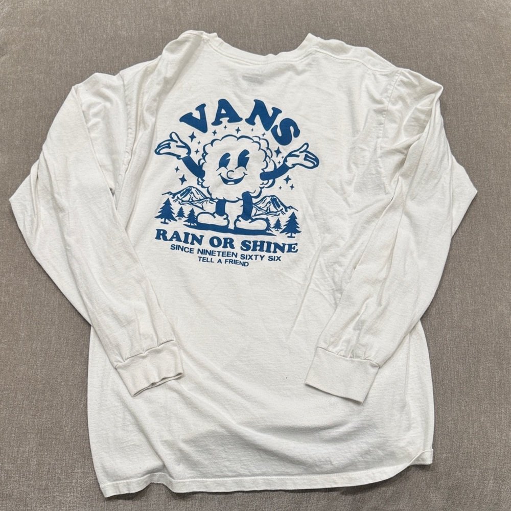 Vans White Long Sleeve Tee with Blue 'Rain or Shine' Graphic